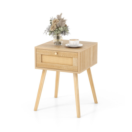 Modern Rattan Nightstand with Drawer and Solid Wood Legs for Bedroom and Living Room-Natural - Color: Natural
