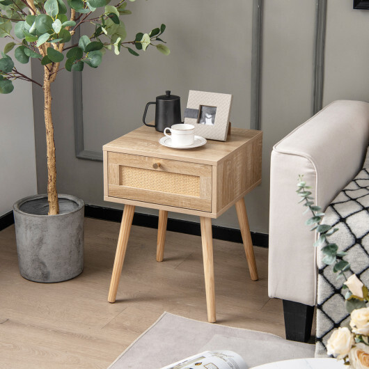 Modern Rattan Nightstand with Drawer and Solid Wood Legs for Bedroom and Living Room-Natural - Color: Natural - Image 2
