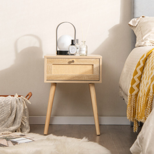Modern Rattan Nightstand with Drawer and Solid Wood Legs for Bedroom and Living Room-Natural - Color: Natural - Image 3