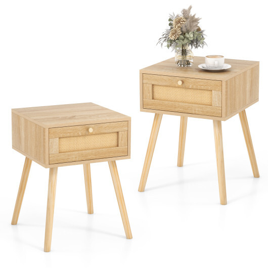 Modern Rattan Nightstand with Drawer and Solid Wood Legs for Bedroom and Living Room-Natural - Color: Natural - Image 4