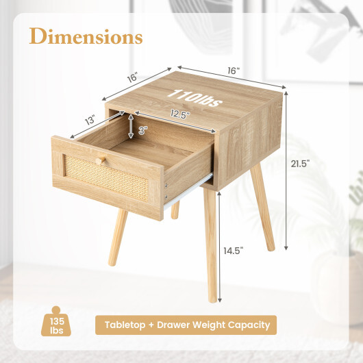 Modern Rattan Nightstand with Drawer and Solid Wood Legs for Bedroom and Living Room-Natural - Color: Natural - Image 5