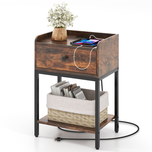 Industrial Bedside Table Nightstand with Charging Station-Rustic Brown - Color: Rustic Brown