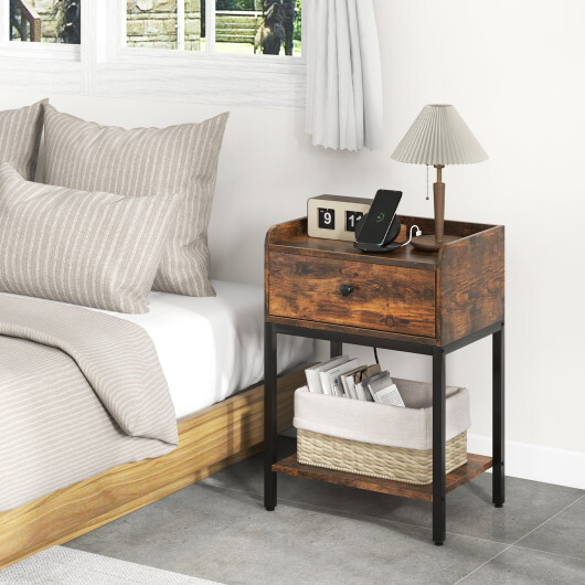 Industrial Bedside Table Nightstand with Charging Station-Rustic Brown - Color: Rustic Brown - Image 3