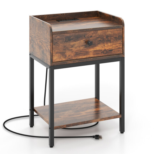 Industrial Bedside Table Nightstand with Charging Station-Rustic Brown - Color: Rustic Brown - Image 4