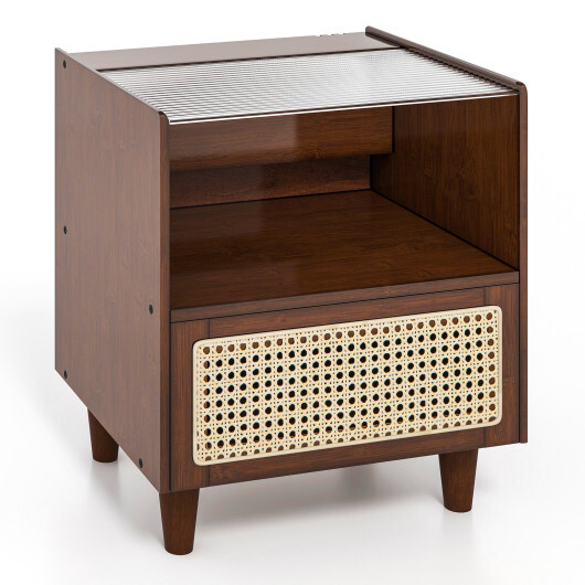 Bamboo Rattan Nightstand with Drawer and Solid Wood Legs-Brown - Color: Brown