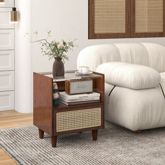 Bamboo Rattan Nightstand with Drawer and Solid Wood Legs-Brown - Color: Brown - Image 2