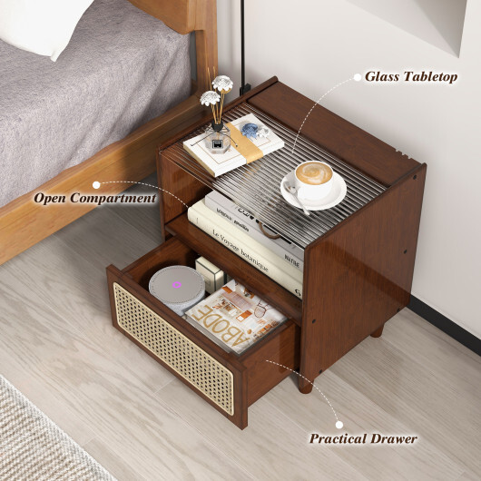 Bamboo Rattan Nightstand with Drawer and Solid Wood Legs-Brown - Color: Brown - Image 3