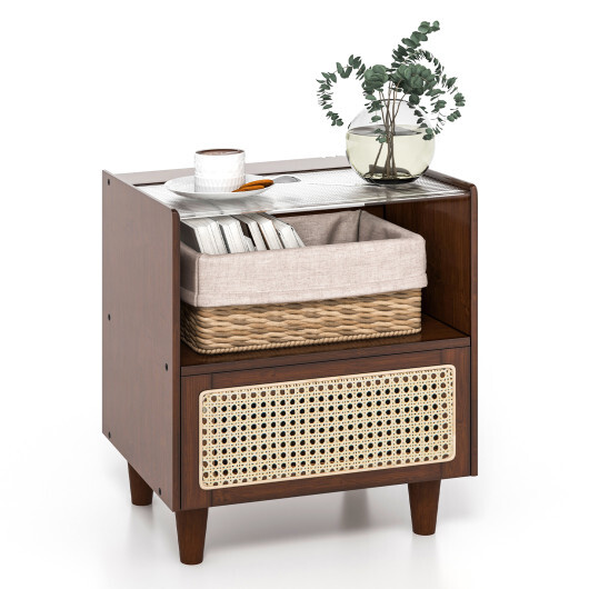 Bamboo Rattan Nightstand with Drawer and Solid Wood Legs-Brown - Color: Brown - Image 4
