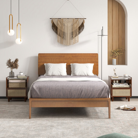 Bamboo Rattan Nightstand with Drawer and Solid Wood Legs-Brown - Color: Brown - Image 5