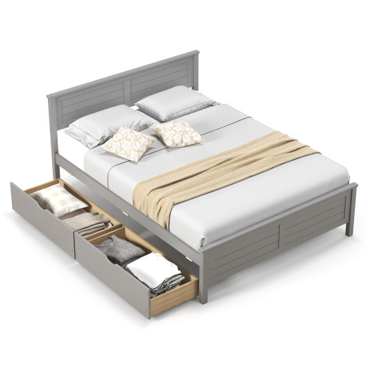 Full Size Bed Frame with Storage Drawers and Solid Wood Headboard-Gray - Color: Gray - Size: Full Size