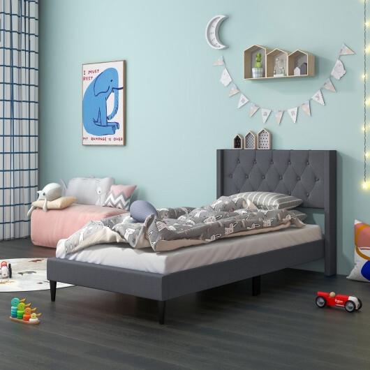 Twin Size Upholstered Platform Bed with Button Tufted Wingback Headboard-Gray - Color: Gray - Size: Twin Size - Image 5