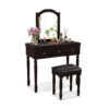 Makeup Vanity Table and Stool Set with Detachable Mirror and 3 Drawers Storage-Walnut - Color: Walnut
