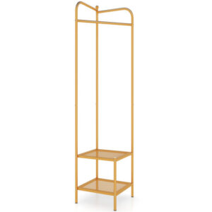 Corner Coat Rack with Top Hanger and 2 Mesh Shelves for Entryway Hallway Living Room Bedroom-Golden - Color: Golden