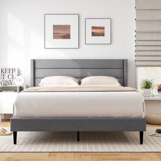 Linen Upholstered Platform Twin/Queen Bed Frame with Wingback Headboard-Queen Size - Size: Queen Size - Image 2