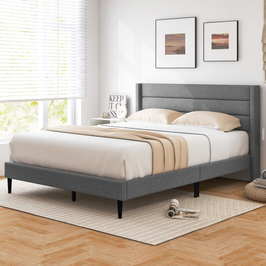 Linen Upholstered Platform Twin/Queen Bed Frame with Wingback Headboard-Queen Size - Size: Queen Size - Image 3