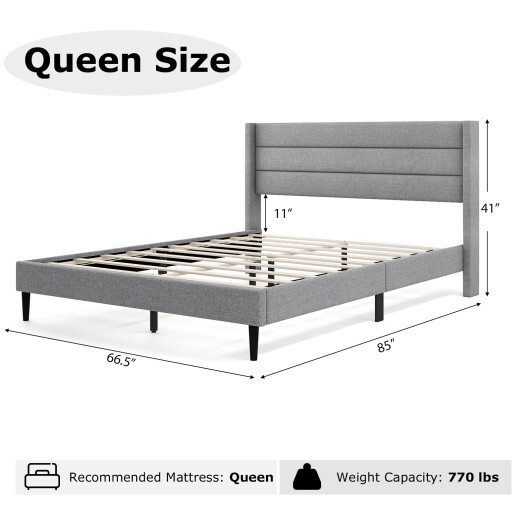 Linen Upholstered Platform Twin/Queen Bed Frame with Wingback Headboard-Queen Size - Size: Queen Size - Image 4