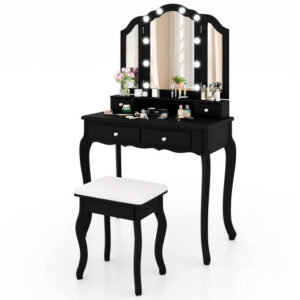 Makeup Vanity Table Set with Lighted Mirror and Drawers-Black - Color: Black