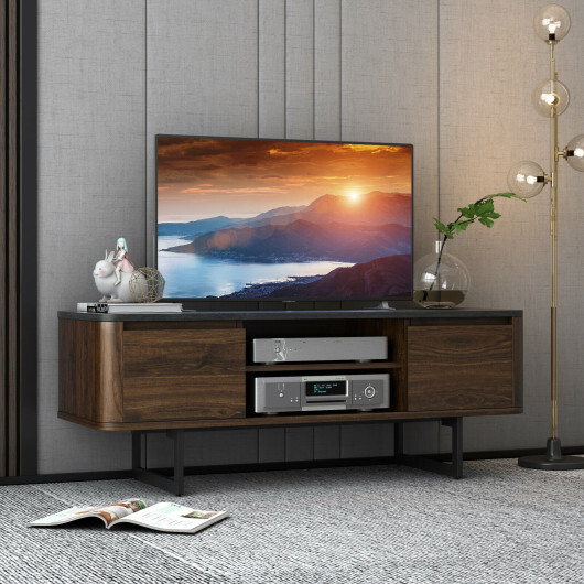 Wooden TV Stand with 2-Door Storage Cabinets for for TVs up to 55 Inch - Color: Brown - Image 2