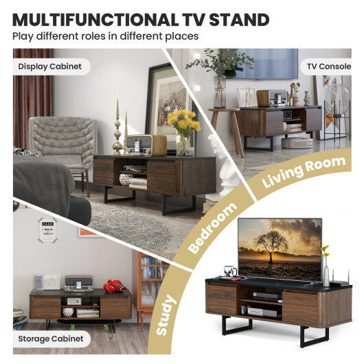 Wooden TV Stand with 2-Door Storage Cabinets for for TVs up to 55 Inch - Color: Brown - Image 3