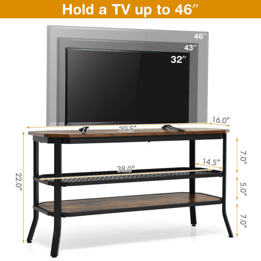 3-tier Console Table TV Stand with Mesh Storage Shelf-Rustic Brown - Color: Rustic Brown - Image 4