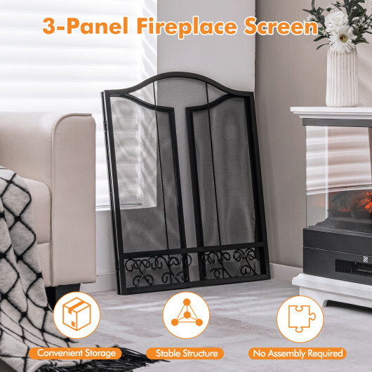 3-Panel Fireplace Screen Decorative Spark Guard - Color: Black - Image 3