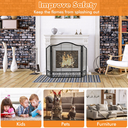 3-Panel Fireplace Screen Decorative Spark Guard - Color: Black - Image 5