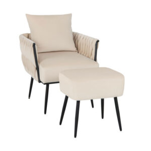 Modern Dutch Velvet Accent Chair and Ottoman Set with Weaved Back and Arms-White - Color: White