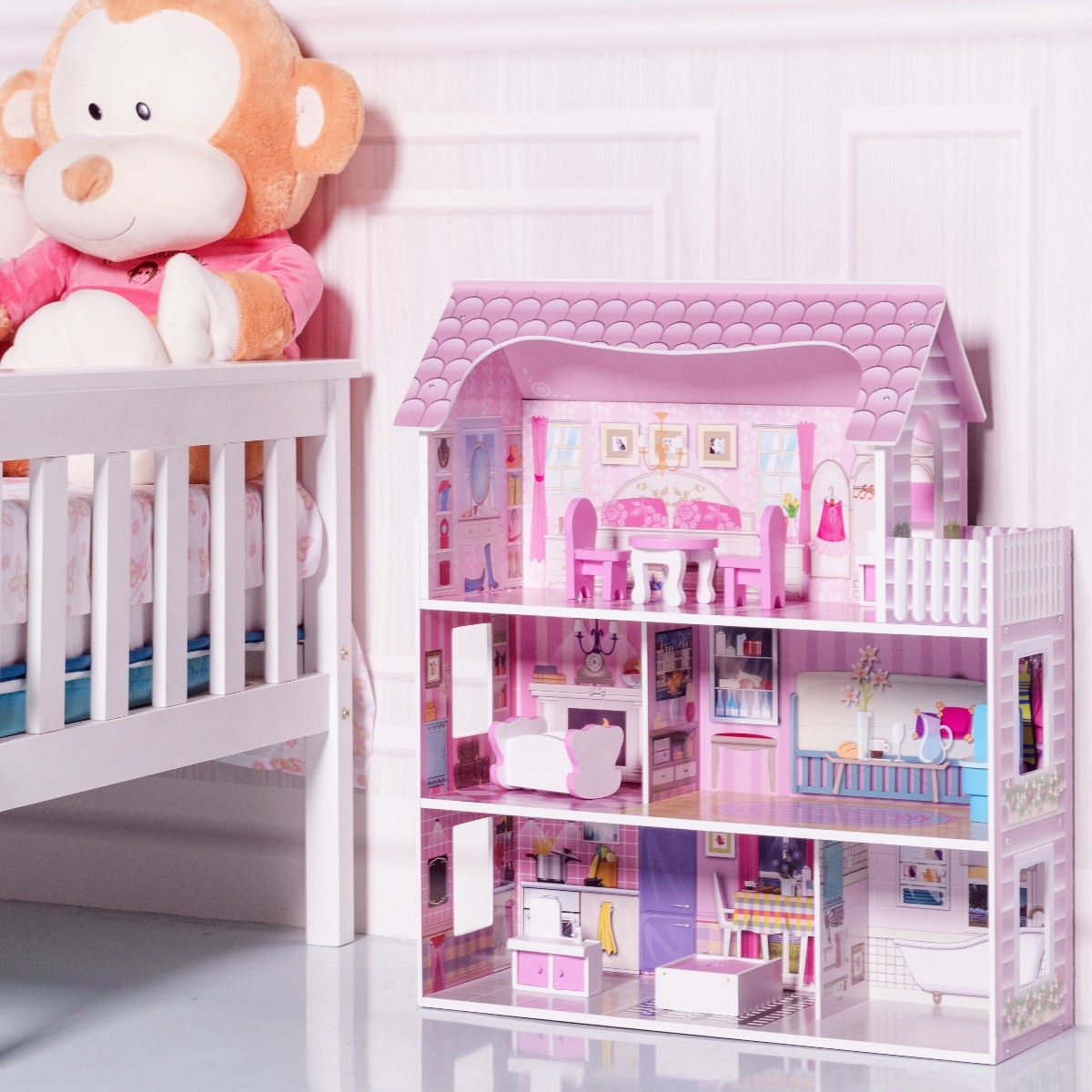 28 Inch Pink Dollhouse with Furniture - Color: Pink - Image 2