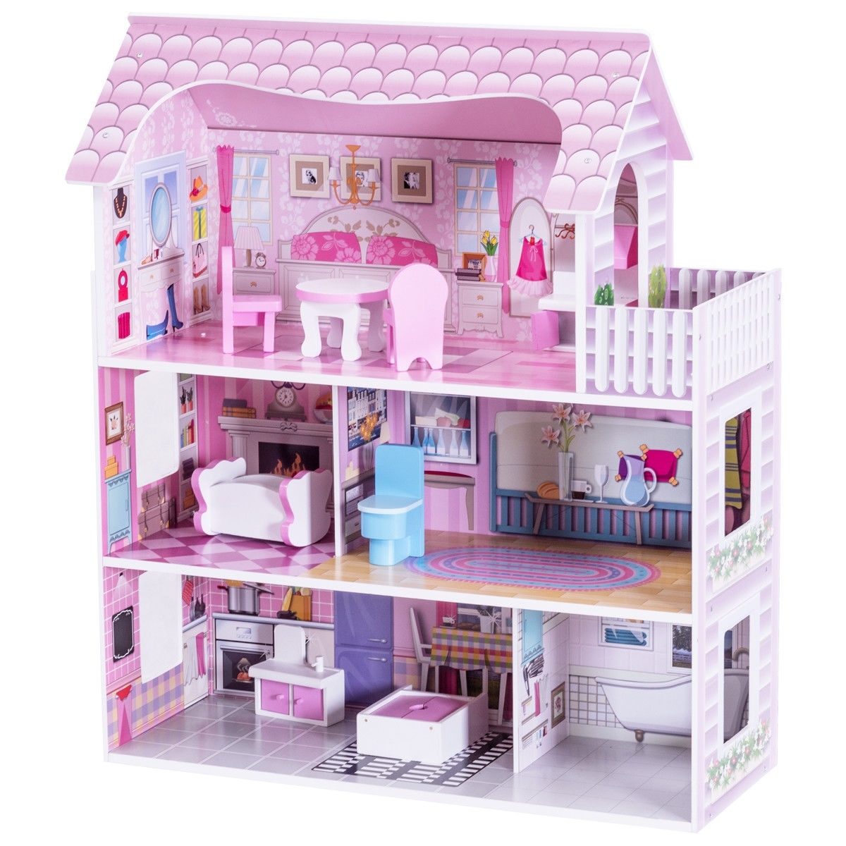 28 Inch Pink Dollhouse with Furniture - Color: Pink - Image 4
