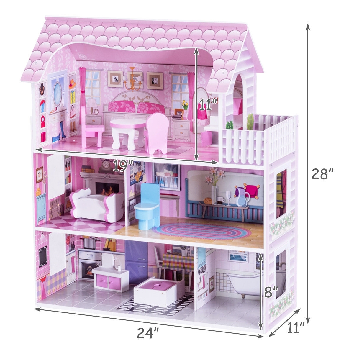 28 Inch Pink Dollhouse with Furniture - Color: Pink - Image 6