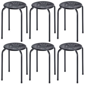 Set of 6 Stackable Multifunctional Daisy Design Backless Round Metal Stool Set-Black - Color: Black