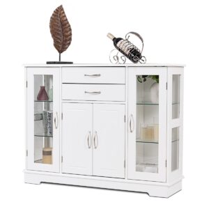 Sideboard Buffet Server Storage Cabinet with 2 Drawers and Glass Doors-White - Color: White