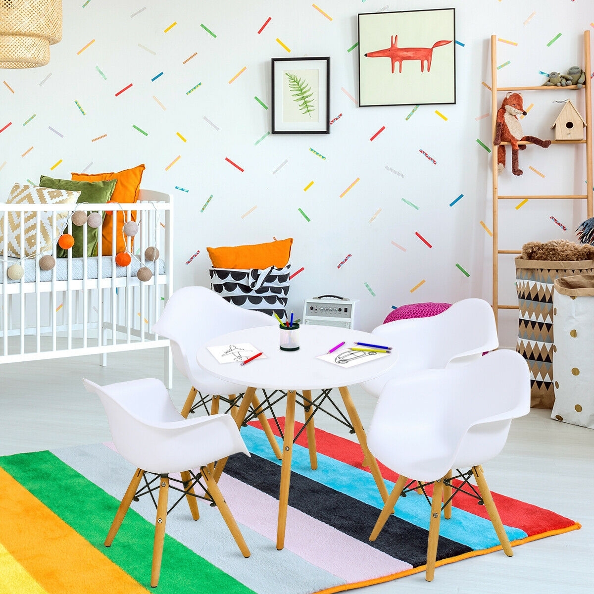 5 Piece Kids Modern Round Table Chair Set - Color: White - Image 2