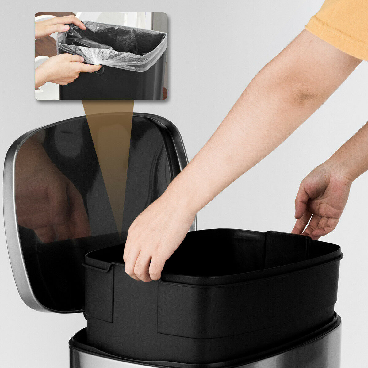 13.2 Gallon Stainless Steel Trash Garbage Can with Bucket - Color: Silver - Image 3