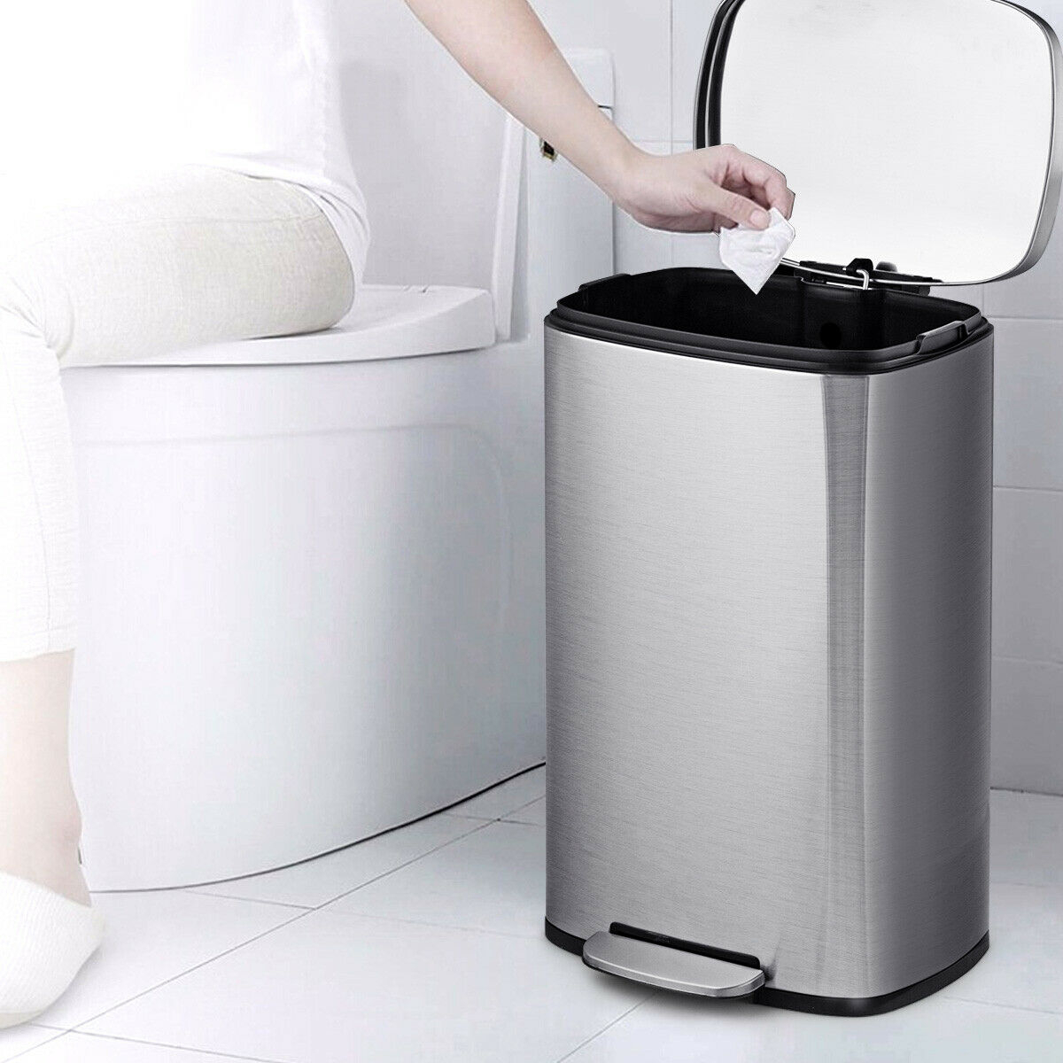 13.2 Gallon Stainless Steel Trash Garbage Can with Bucket - Color: Silver - Image 4