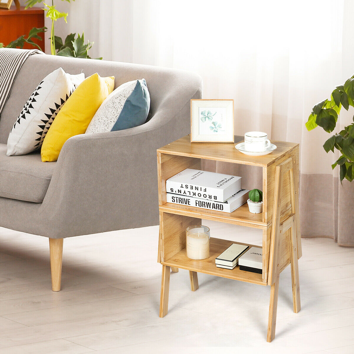 2 Pieces Bamboo Nightstand Sofa Table with Storage Shelf - Color: Natural - Image 3
