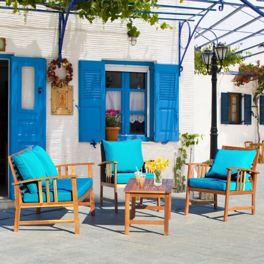 4 Pieces Wooden Patio Furniture Set Table Sofa Chair Cushioned Garden - Color: Turquoise - Image 2