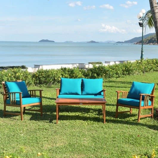 4 Pieces Wooden Patio Furniture Set Table Sofa Chair Cushioned Garden - Color: Turquoise - Image 3