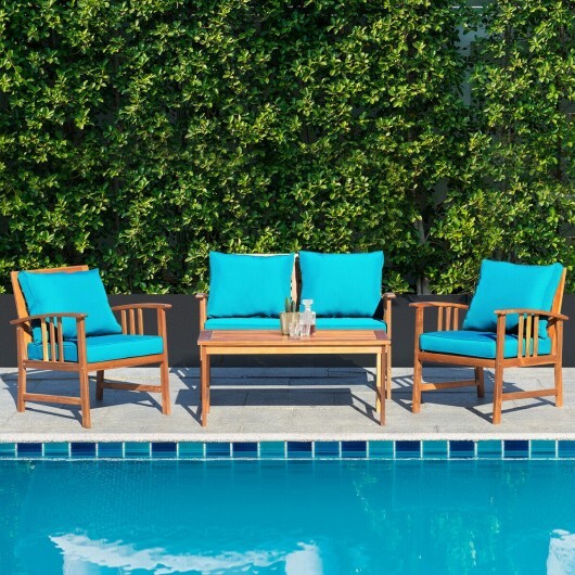4 Pieces Wooden Patio Furniture Set Table Sofa Chair Cushioned Garden - Color: Turquoise - Image 4