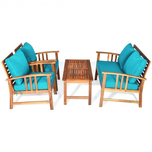 4 Pieces Wooden Patio Furniture Set Table Sofa Chair Cushioned Garden - Color: Turquoise - Image 5