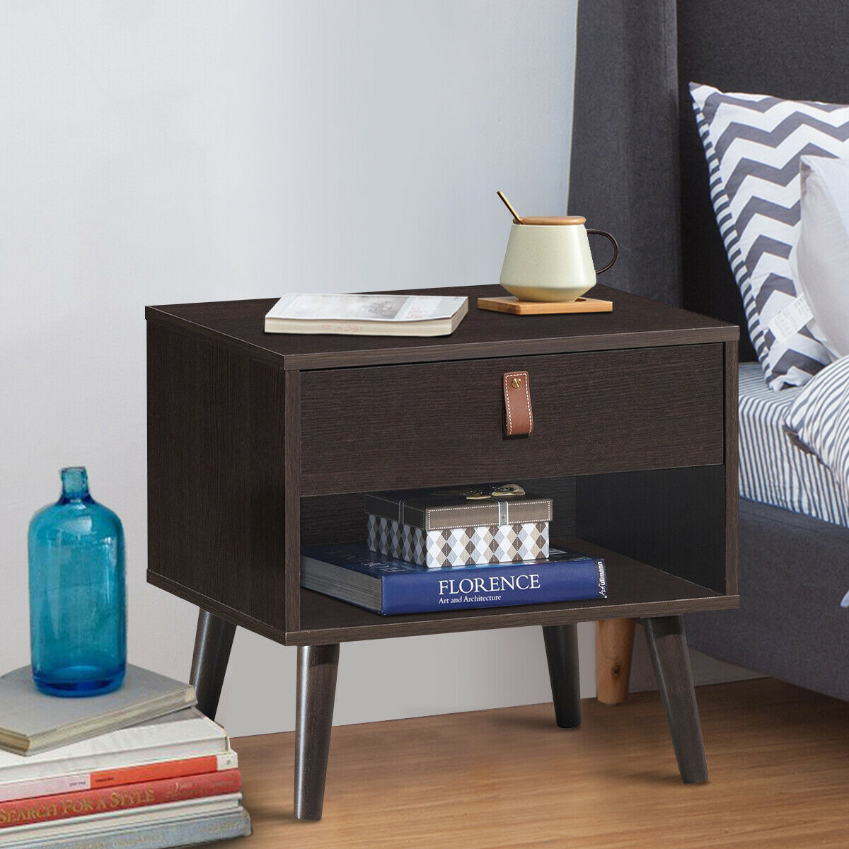Nightstand Bedroom Table with Drawer Storage Shelf-Brown - Color: Brown - Image 2