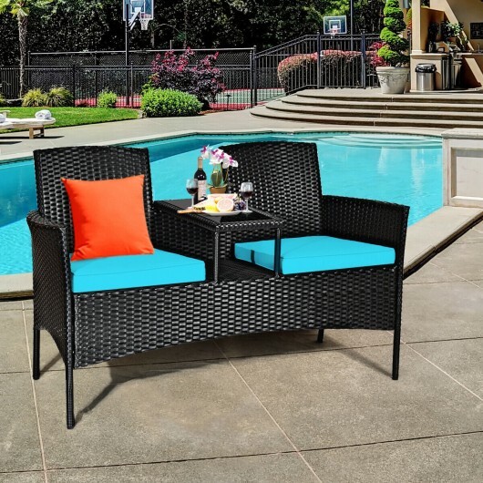 Wicker Patio Conversation Furniture Set with Removable Cushions and Table-Turquoise - Color: Turquoise - Image 2