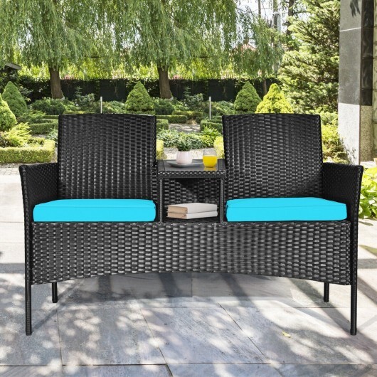 Wicker Patio Conversation Furniture Set with Removable Cushions and Table-Turquoise - Color: Turquoise - Image 4