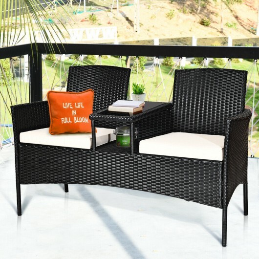Wicker Patio Conversation Furniture Set with Removable Cushions and Table-White - Color: White - Image 2