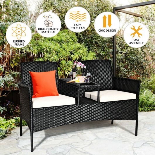 Wicker Patio Conversation Furniture Set with Removable Cushions and Table-White - Color: White - Image 3