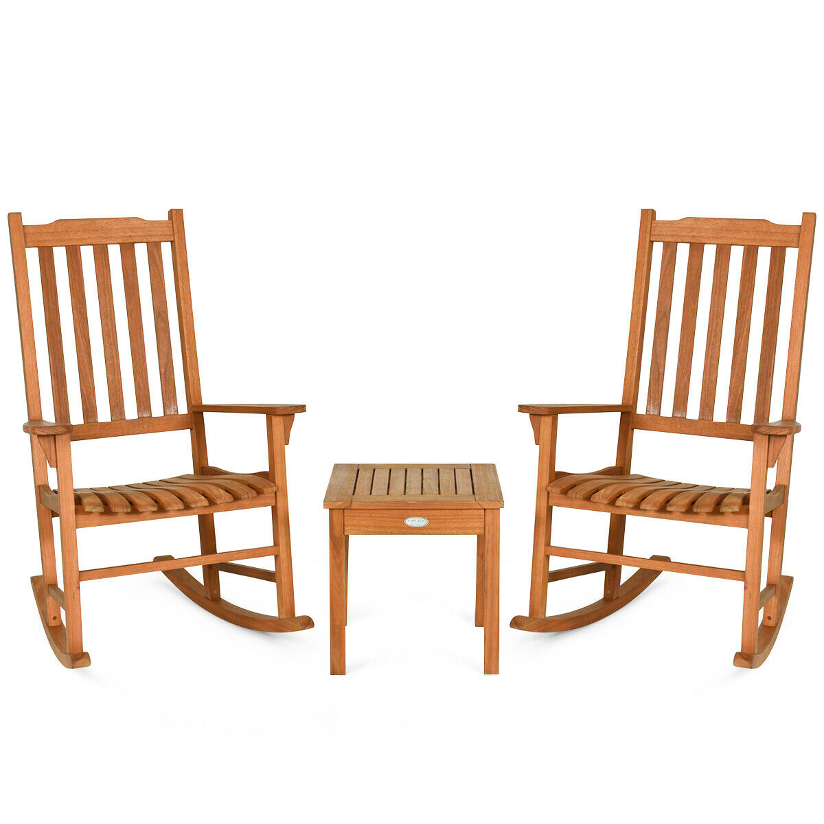 3 Pieces Eucalyptus Rocking Chair Set with Coffee Table - Color: Natural