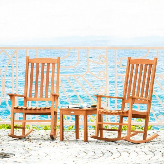 3 Pieces Eucalyptus Rocking Chair Set with Coffee Table - Color: Natural - Image 3