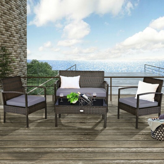 4 Pieces Patio Rattan Cushioned Furniture Set with Loveseat and Table -Brown - Color: Brown - Image 2
