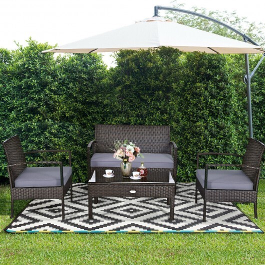 4 Pieces Patio Rattan Cushioned Furniture Set with Loveseat and Table -Brown - Color: Brown - Image 3