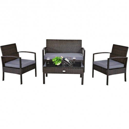 4 Pieces Patio Rattan Cushioned Furniture Set with Loveseat and Table -Brown - Color: Brown - Image 4